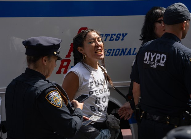 Pro-Palestinian protestors are pictured after being arrested for blocking First Ave. at E. 39th St. in protest of Israeli Prime Minister Benjamin Netanyahu before he speaks at the United Nations Thursday, Sept. 24, 2026 in Manhattan, New York. (Barry Williams/ New York Daily News)