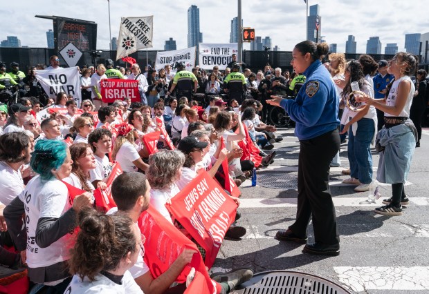 Pro-Palestinian protestors block First Ave. at E. 39th St. in protest of Israeli Prime Minister Benjamin Netanyahu before he speaks at the United Nations Thursday, Sept. 24, 2026 in Manhattan, New York. (Barry Williams/ New York Daily News)