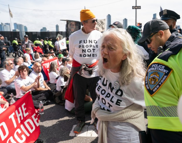 Pro-Palestinian protestors block First Ave. at E. 39th St. in protest of Israeli Prime Minister Benjamin Netanyahu before he speaks at the United Nations Thursday, Sept. 24, 2026 in Manhattan, New York. (Barry Williams/ New York Daily News)