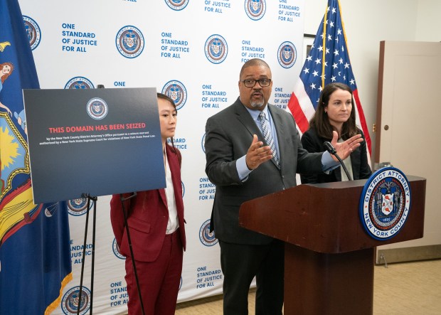 Manhattan DA Alvin Bragg announces the seizure of 12 domains of illegal websites selling AI-generated "deepfake" pornography at a press conference on Monday in Manhattan.