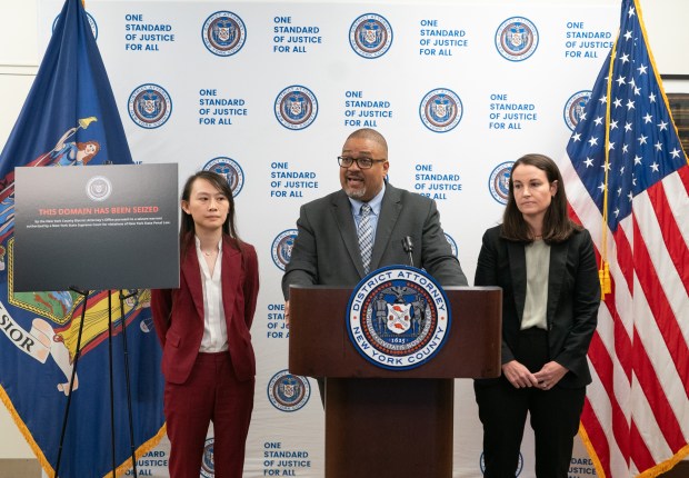 Manhattan DA Alvin Bragg announces the seizure of 12 domains of illegal websites selling AI-generated "deepfake" pornography at a press conference on Monday in Manhattan.