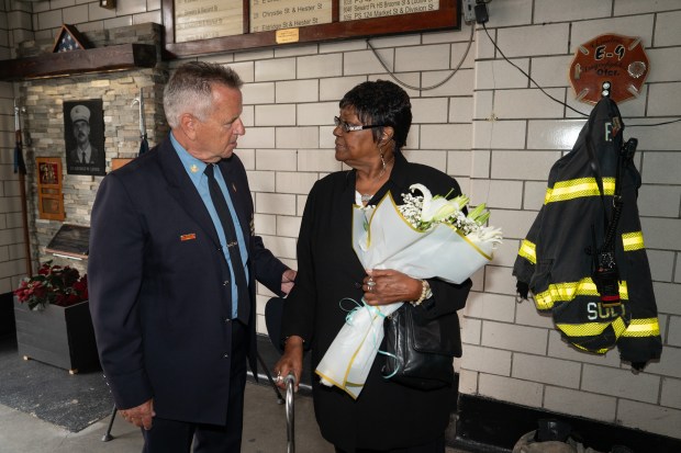 September 11th survivor FDNY firefighter Tom Falco talks with Josephine Harris' sister Thelma Johnson Wednesday, Sept. 1, 2026 in Manhattan, New York. (Barry Williams/ New York Daily News)