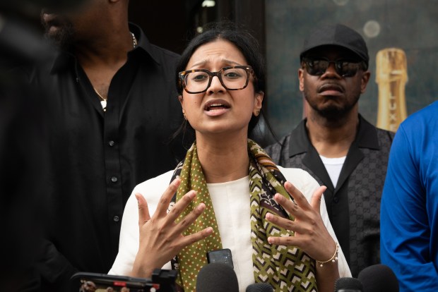 City Council member Shahana Hanif speaks at a rally outside a liquor store on Hoyt St. near Baltic St. in Brooklyn, New York on Wednesday, April 15, 2026, after a violent arrest was filmed inside. (Gardiner Anderson / New York Daily News)