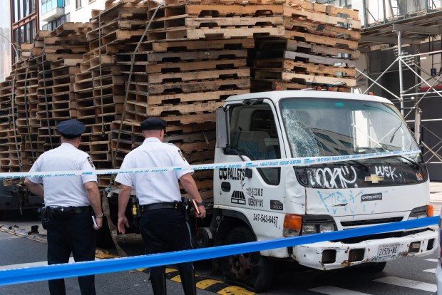 Police investigate after multiple pedestrians were struck by a truck on Canal St. and Bowery St. in Manhattan on Thursday, Sept. 10, 2026. (Gardiner Anderson / New York Daily News)
