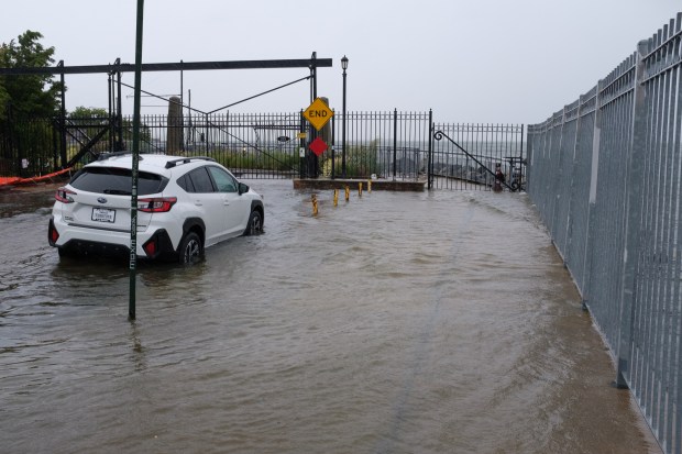 Streets are flooded during a nor'easter storm in Red Hook, Brooklyn, New York City on Saturday, September 26, 2026. (Gardiner Anderson / New York Daily News)