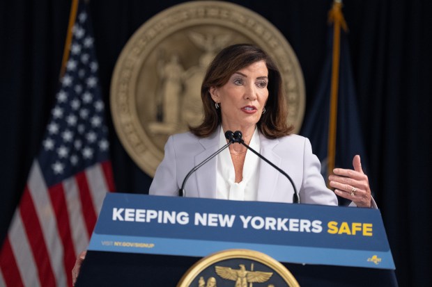 Gov. Kathy Hochul speaks alongside Mayor Zohran Mamdani and New York Attorney General Latitia James at a press conference on ICE overreach at the governor's Manhattan office on Tuesday, Aug. 12, 2026 in Manhattan, New York. (Barry Williams / New York Daily News)