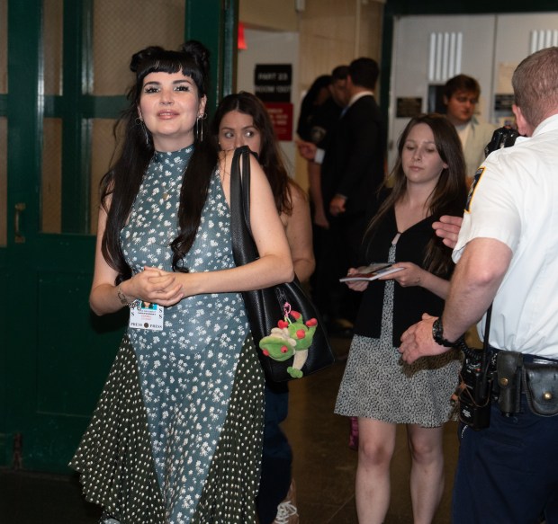 Lena Weissbrot, a Luigi Mangione supporter and credentialed "independent journalist," leaves Manhattan Supreme Court Tuesday, June 16, 2026 in New York City. (Barry Williams/ New York Daily News)