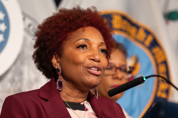 Mercedes Narcisse speaks during a press conference before a New York City Council meeting at City Hall in Manhattan, New York on Wednesday, Dec. 20, 2023. (Shawn Inglima for New York Daily News)