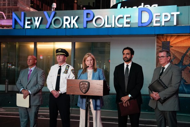 Officials speak during a press conference after a police-involved shooting in Times Square on Monday, Aug. 31, 2026 in Manhattan, New York. (Barry Williams/ New York Daily News)