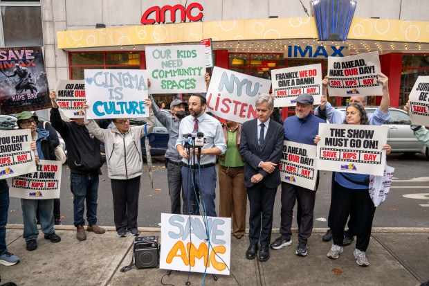 Assemblymember Keith Powers was joined by other Elected Officials as he headed a Rally in an effort to stop the planned closure of the AMC Theatre located at 570 2nd Avenue in Manhattan on Sunday September 20, 2026. 1136. (Theodore Parisienne / New York Daily News)