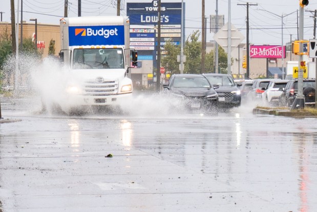 (Rockaway Turnpike is seen here flooded in the vicinity of 1st Street) A powerful Nor'easter brought heavy, wind driven downpours to New York City, causing widespread flooding and bringing down trees on Saturday September 26, 2026. 0739. (Theodore Parisienne / New York Daily News)