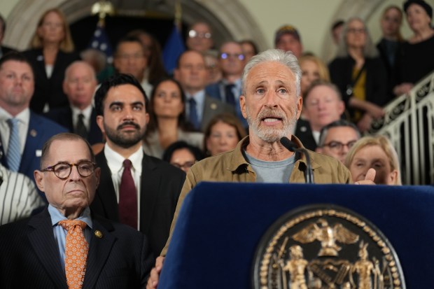New York City Mayor Zohran Mamdani and actor and activist Jon Stewart (at podium) attend a press conference, releasing more than 170,000 pages of previously unreleased records related to air quality in the aftermath of the Sept. 11 attacks, at City Hall in New York on Sept. 8, 2026. (Barry Williams / New York Daily News)