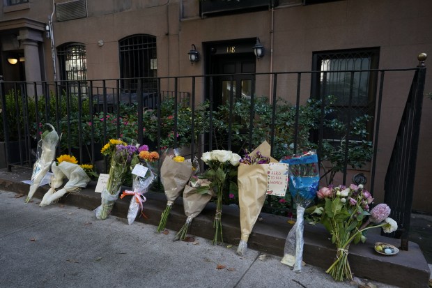 Flowers are pictured outside Gloria Steinem's Manhattan home on E. 73rd St. on Thursday, Sept. 3, 2026, after her death. (Barry Williams / New York Daily News)