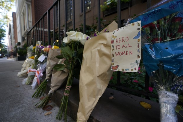 Flowers are pictured outside Gloria Steinem's Manhattan home on E. 73rd St. on Thursday, Sept. 3, 2026, after her death. (Barry Williams / New York Daily News)