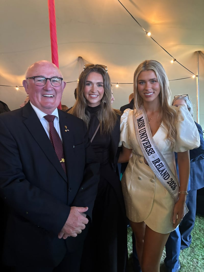 Independent senator Gerard Craughwell (left) with Lauren McDonagh, former Miss Ireland and Aideen Howard, Miss Universe Ireland at the US ambassador's residence
