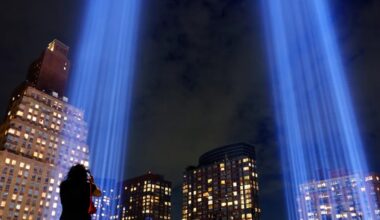 The Tribute in Light illuminated over Lower Manhattan ahead of the 25th anniversary of the attack on the World Trade Center.