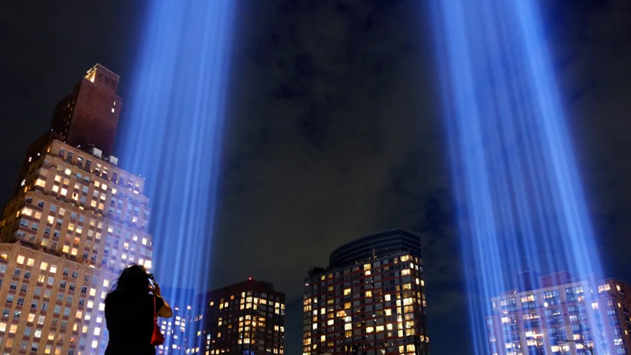The Tribute in Light illuminated over Lower Manhattan ahead of the 25th anniversary of the attack on the World Trade Center.
