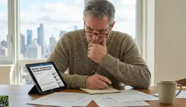 A middle-aged man with gray hair and glasses, wearing a brown knitted sweater, sits at a wooden table. He holds a pen in his right hand, writing in a spiral-bound notebook, while his left hand rests on his chin in a thoughtful pose. To his left, a black tablet displays an article titled 'Manhattan Luxury Rentals Surge: Top Leases Hit $100k+/Month' with a blue line graph. Papers are scattered on the table, and a light brown mug is visible on the right. In the background, a large window reveals a cityscape with tall buildings under a bright sky.