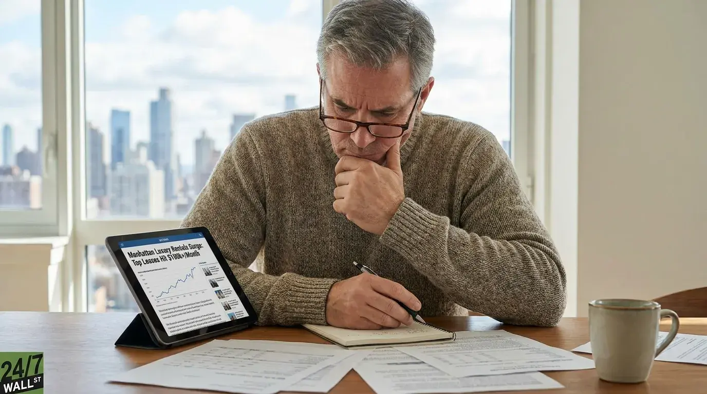 A middle-aged man with gray hair and glasses, wearing a brown knitted sweater, sits at a wooden table. He holds a pen in his right hand, writing in a spiral-bound notebook, while his left hand rests on his chin in a thoughtful pose. To his left, a black tablet displays an article titled 'Manhattan Luxury Rentals Surge: Top Leases Hit $100k+/Month' with a blue line graph. Papers are scattered on the table, and a light brown mug is visible on the right. In the background, a large window reveals a cityscape with tall buildings under a bright sky.