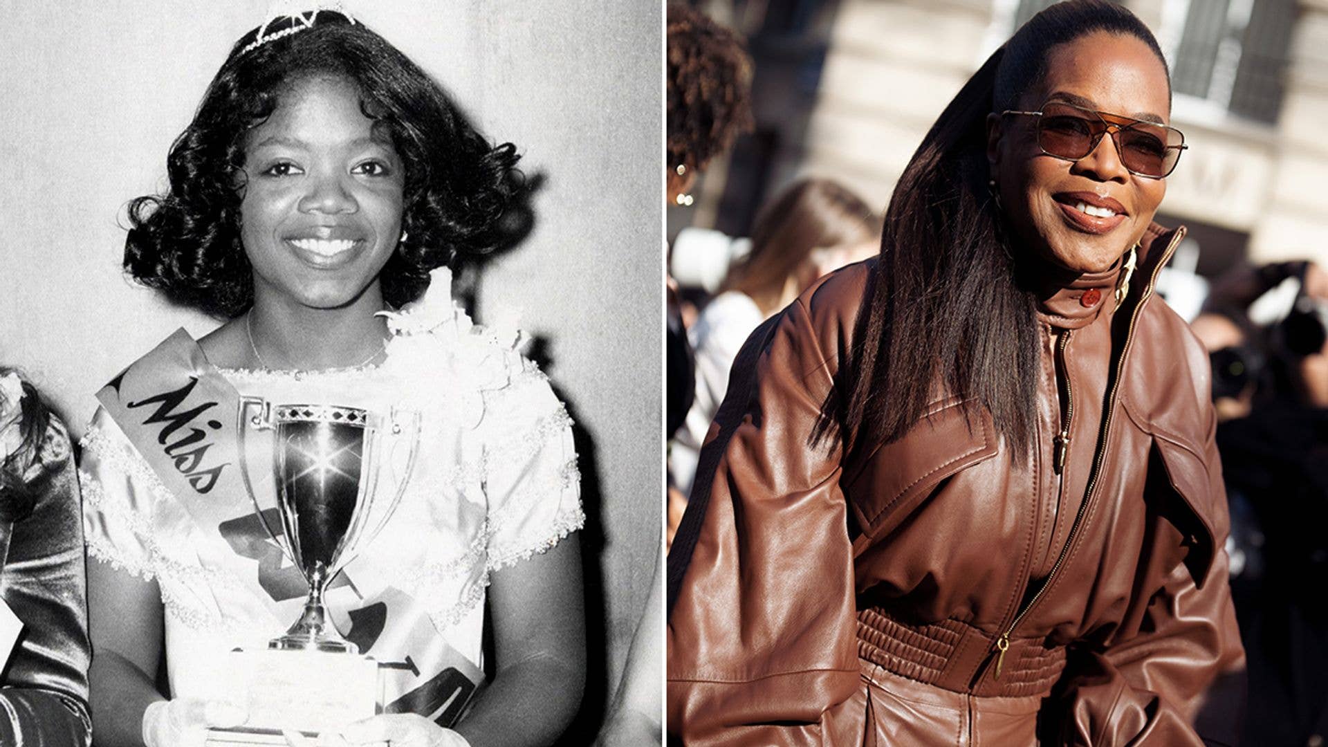 Oprah Winfrey in two photos: one as a young woman holding a trophy, another in a brown leather jacket.