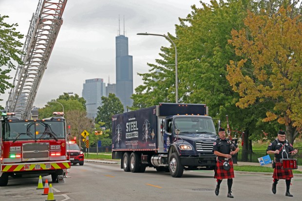 Stephen Siller has been touring the United State with a 17,000 pound, 21 foot steel beam from the North Tower to help educate the next generation about the tragedy. A truck carrying the beam is pictured here in Chicago on Aug. 12. (T2T Steel Across America)