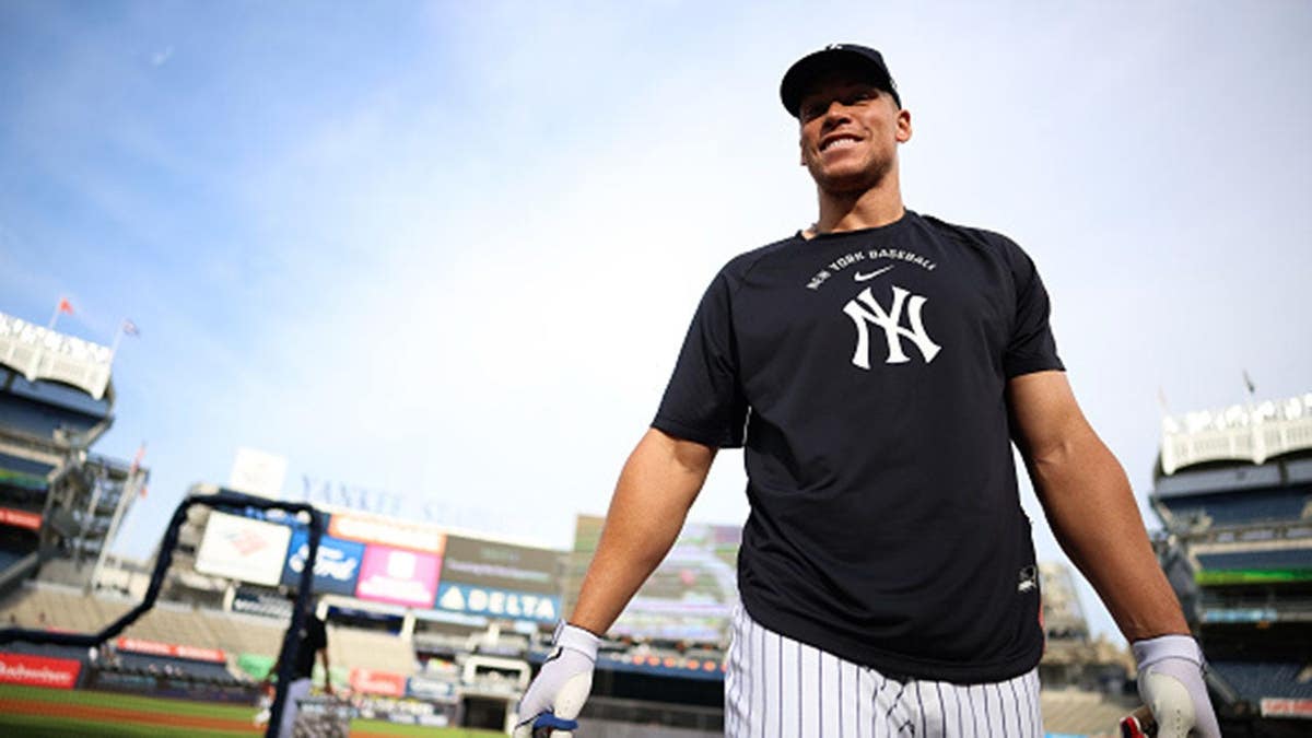 Aaron Judge smiles before a game at Yankee Stadium.