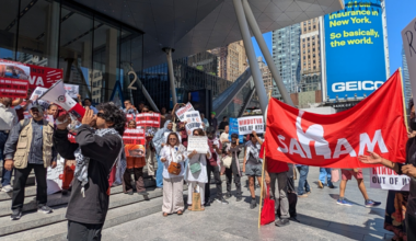 New Yorkers rally outside of Madison Square Garden to condemn Mohan Bhagwat and the RSS on August 29, 2026.
