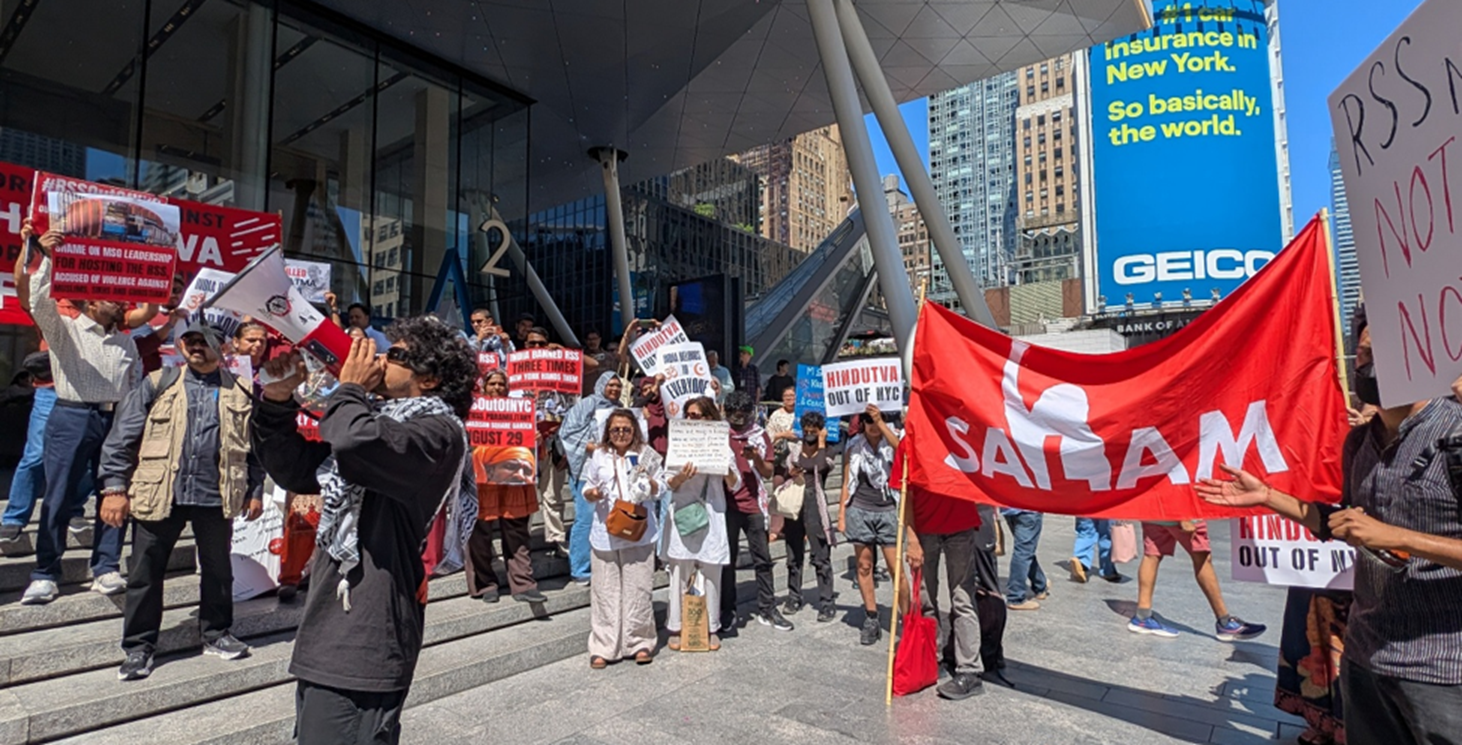 New Yorkers rally outside of Madison Square Garden to condemn Mohan Bhagwat and the RSS on August 29, 2026.