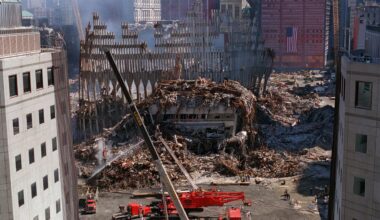 Two large cranes are positioned near the rubble of the World Trade Center in New York, on Wednesday, Sept. 26, 2001. Work continues around the clock to recover the remains of those who died in the destruction of the 110-story towers on Sept. 11.