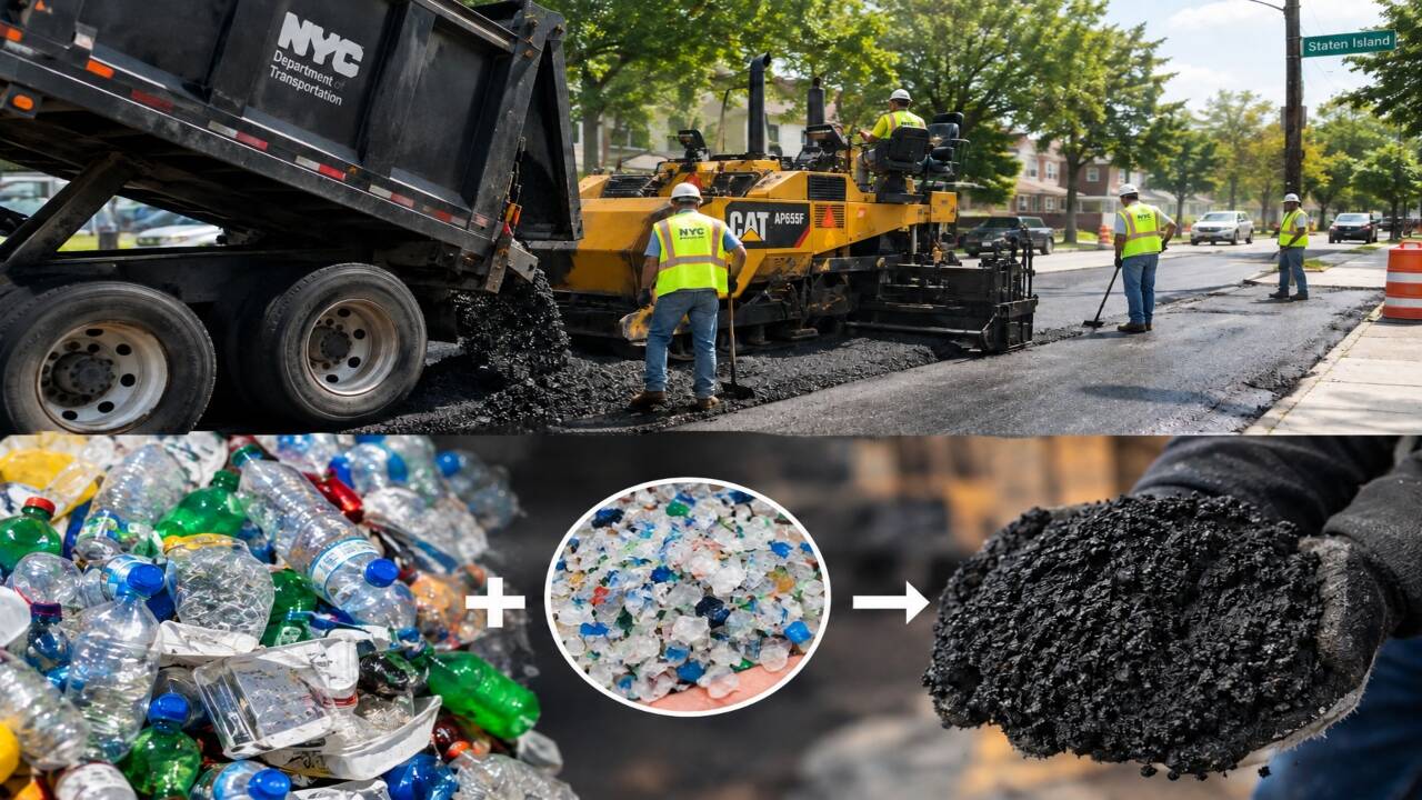 AI-generated representative image showing recycled plastic waste being processed into asphalt material for road paving in New York City. Credits - ChatGPT asphalt material for road paving<br>