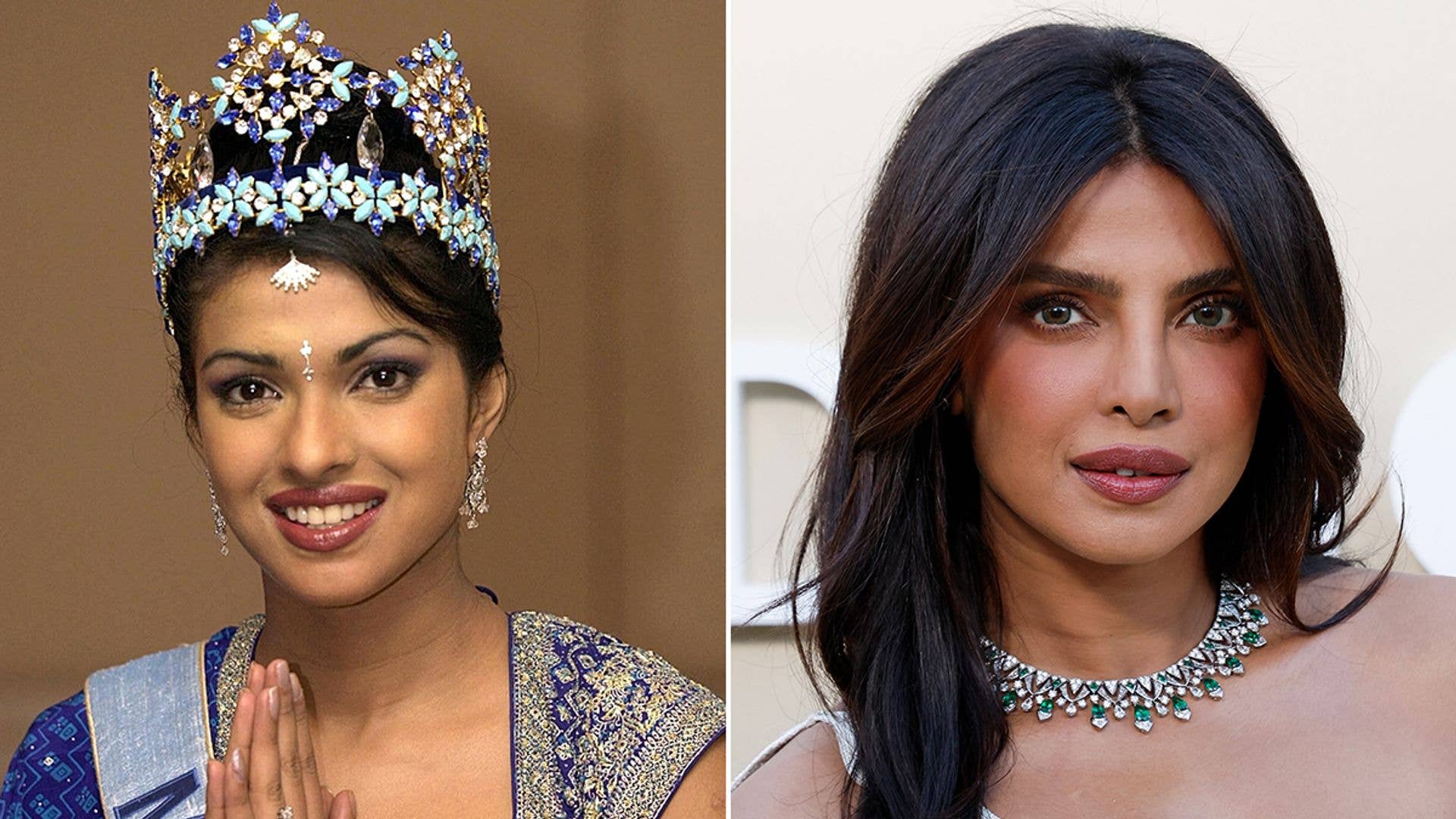 Two images of Priyanka Chopra, one wearing a crown and the other a necklace.