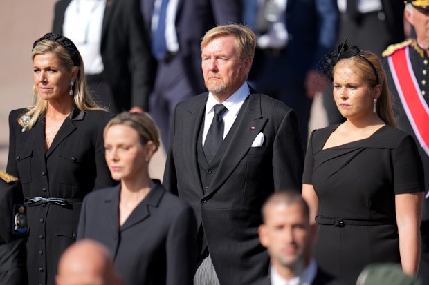 Queen Máxima of the Netherlands, King Willem-Alexander of the Netherlands and Princess Catharina-Amalia of the Netherlands during the funeral of King Harald V of Norway on September 09, 2026 in Oslo