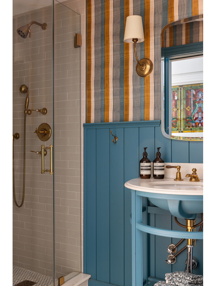 bathroom with blue beadboard