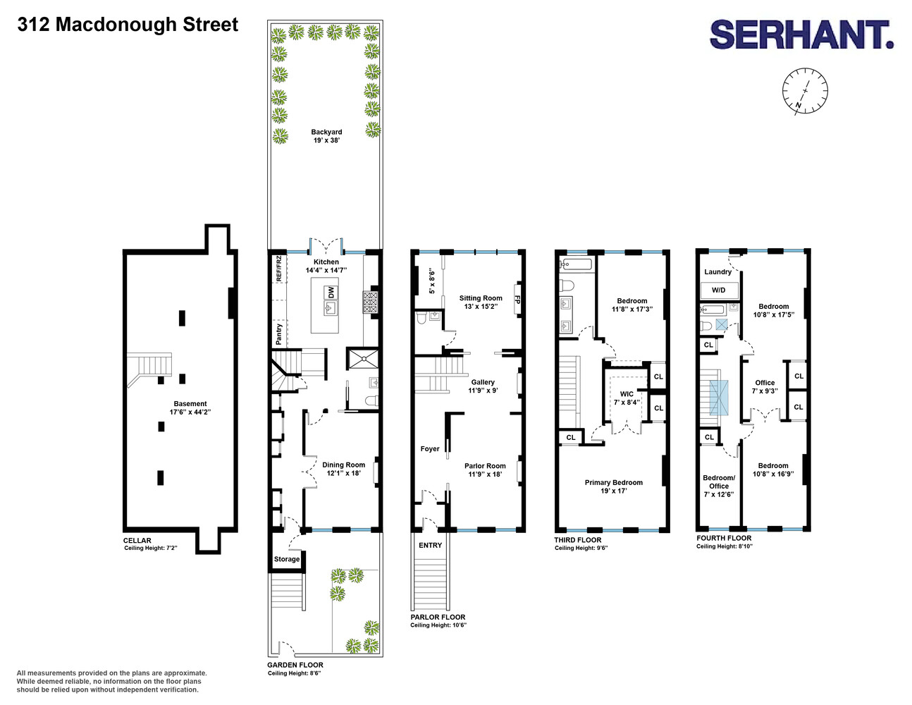 floorplan showing four floors of living space with kitchen on the garden level