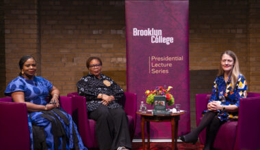 Michelle J. Anderson, Leymah Gbowee and Thelma Ekiyo at the panel. Photo: Brooklyn College