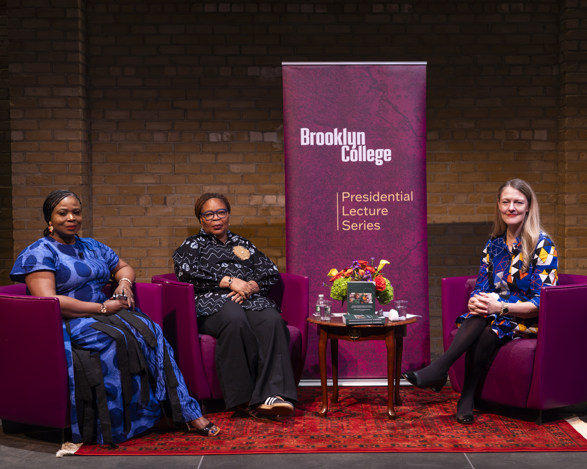 Michelle J. Anderson, Leymah Gbowee and Thelma Ekiyo at the panel. Photo: Brooklyn College