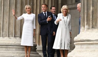 Britain's Queen Camilla and Brigitte Macron arrive to attend a viewing of the Bayeux Tapestry Exhibition at British Museum on Sept. 2, 2026 in London.