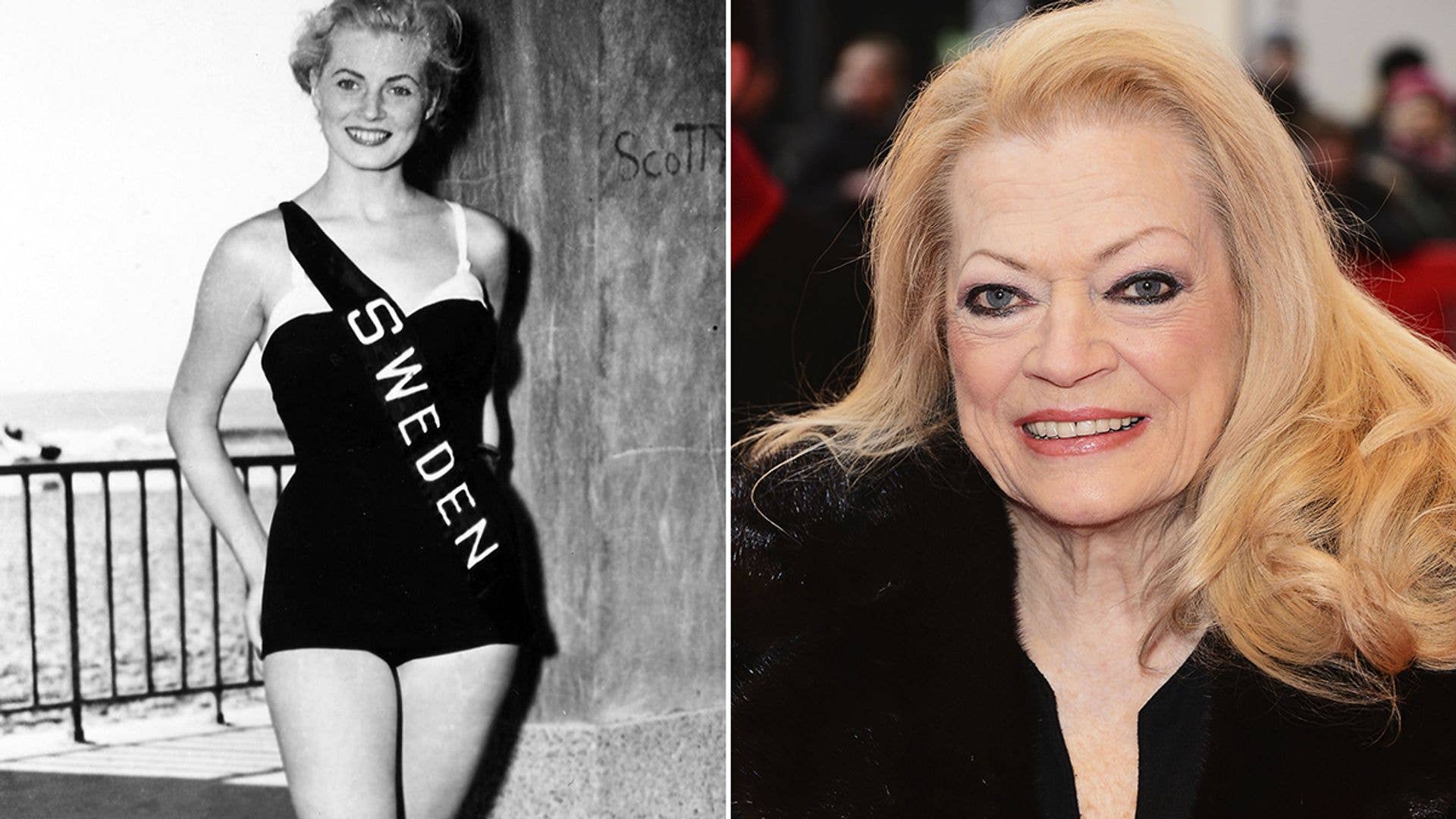 Anita Ekberg in a black swimsuit with 'Sweden' sash and in a black dress smiling.