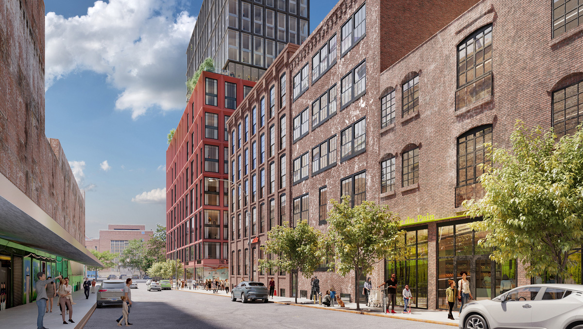 view on hall street showing older brick buildings and new construction