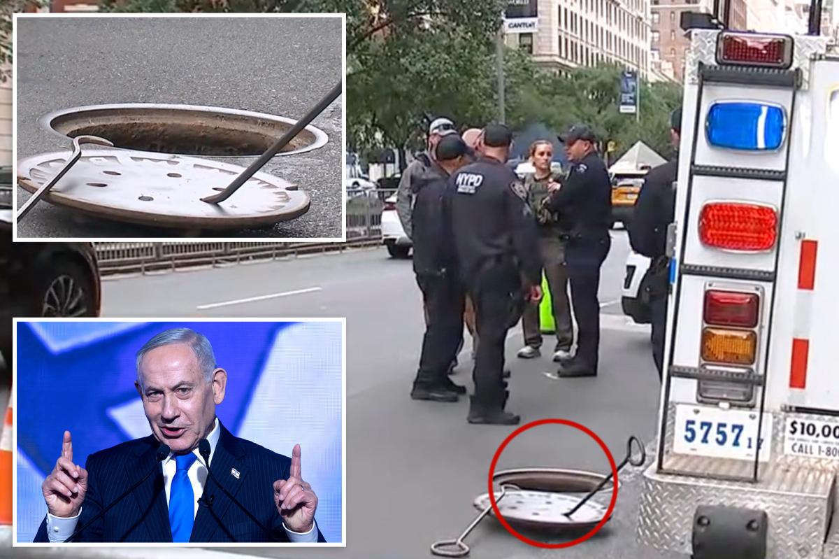 Trio seen emerging from manhole steps from Netnayahu's NYC hotel where Netanyahu set to stay