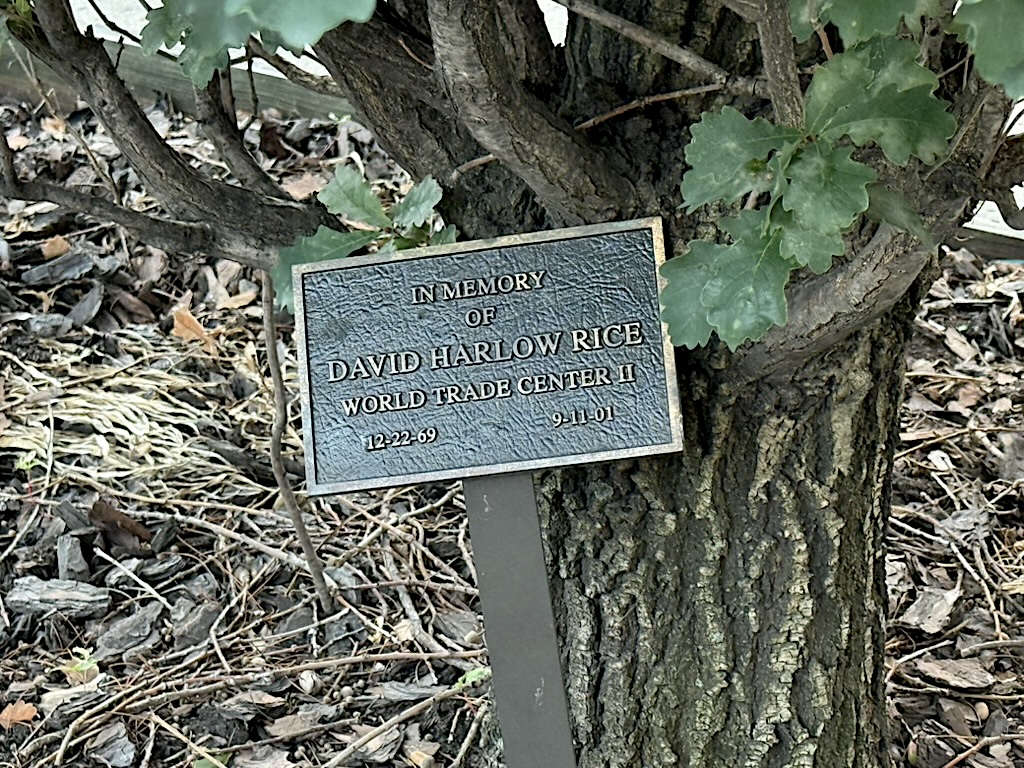Memorial plaque for David Harlow Rice, located at the site of World Trade Center II, listing birth date and date of death.