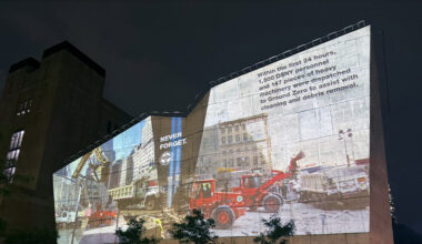 Spring Street Salt Shed illuminated with a visual tribute commemorating the 25th anniversary of 9/11