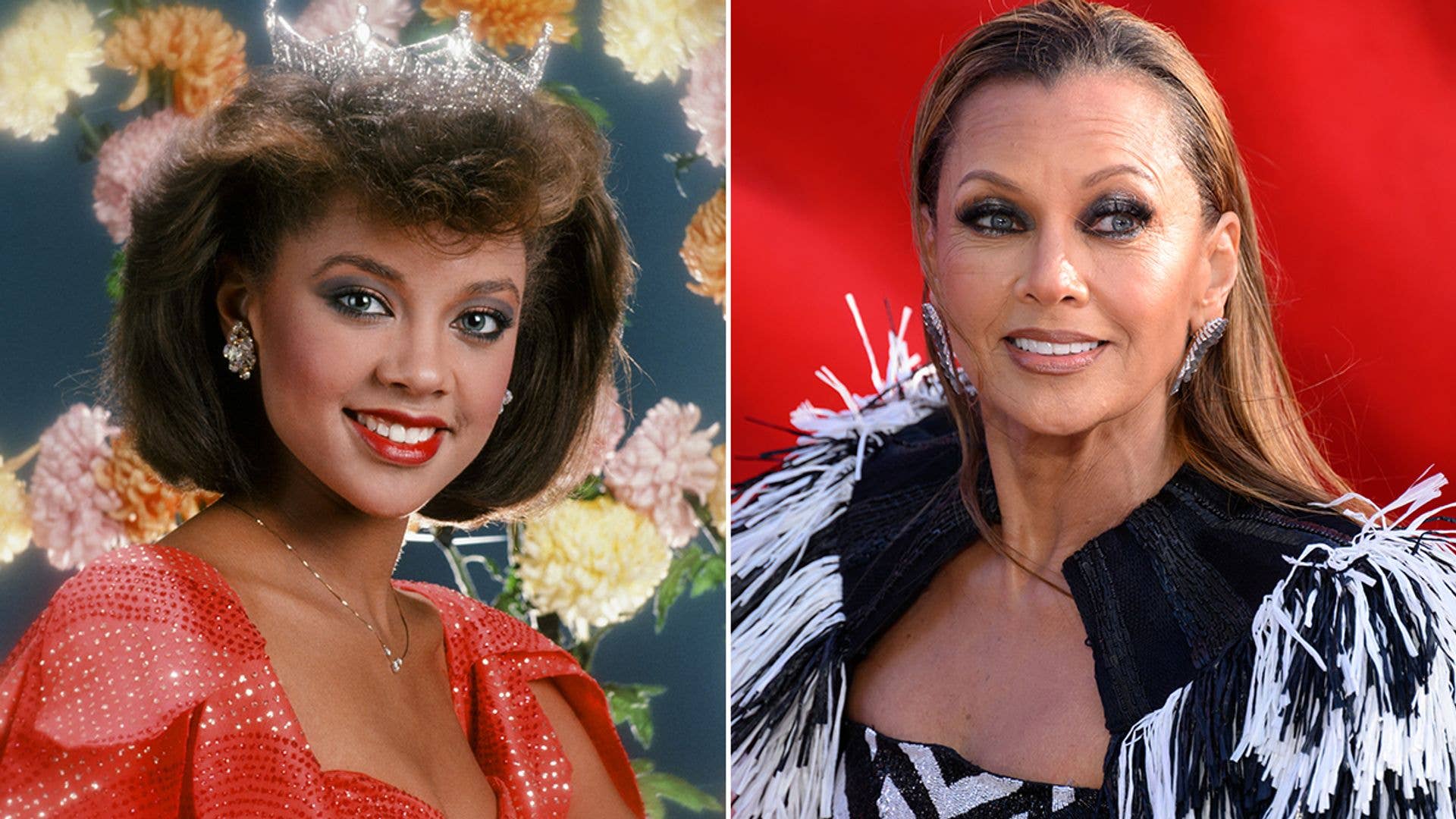 Vanessa Williams in two different outfits: one with a tiara and red dress, the other with a black and white fringed top.