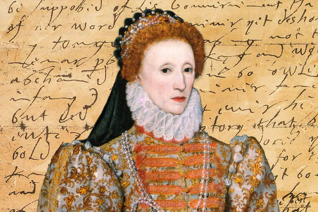 An illustration of Elizabeth I overlaid atop a letter she wrote to James VI
