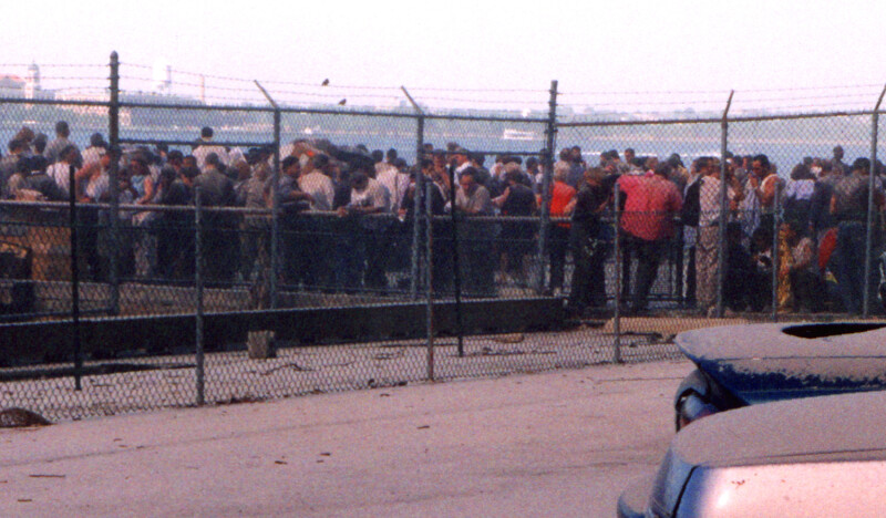 New Yorkers gathered at the Lower Manhattan waterfront during the September 11 evacuation