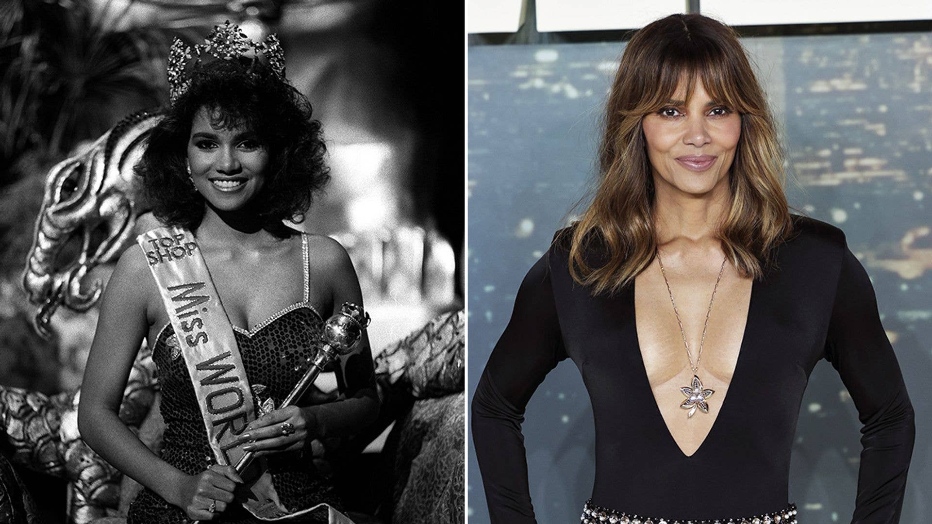 Halle Berry in two photos: one as Miss World 1986, another in a black dress with a flower pendant.