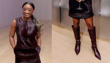 Simone Biles, Simkhai spring 2027, fashion show, New York Fashion Week, knee-high boots, fig, wine-colored, front row