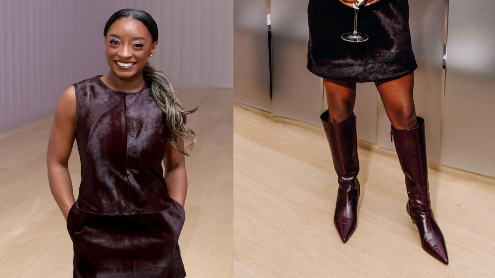 Simone Biles, Simkhai spring 2027, fashion show, New York Fashion Week, knee-high boots, fig, wine-colored, front row