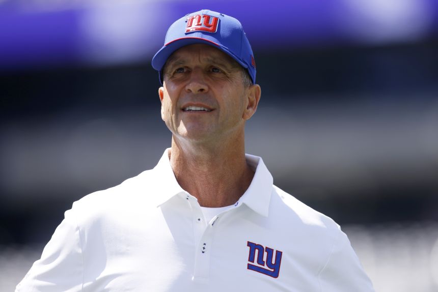 Head coach John Harbaugh of the New York Giants looks on during warm-ups prior to a pre-season game against the Minnesota Vikings at MetLife Stadium on August 15 in East Rutherford, New Jersey.
