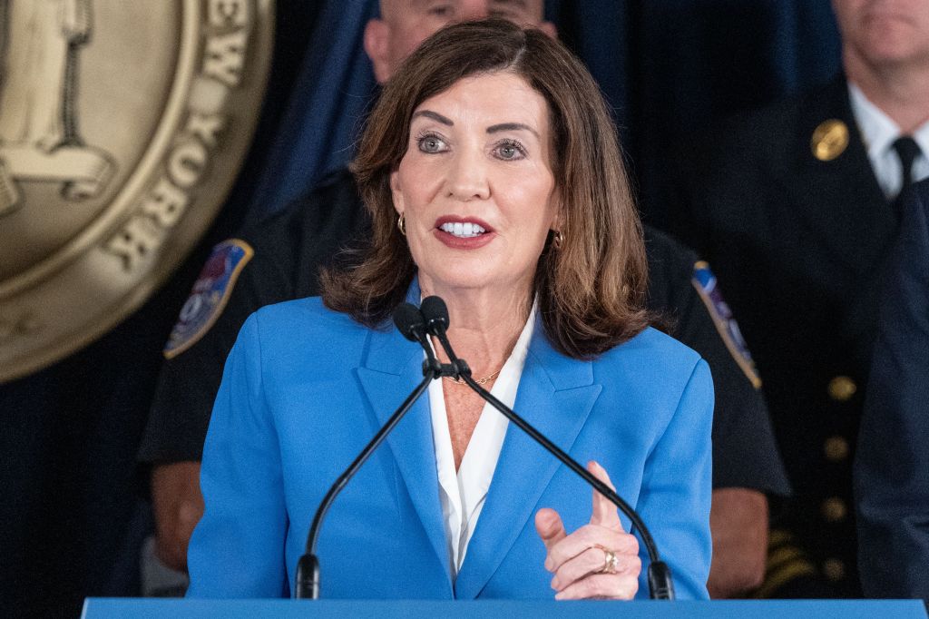 Governor Kathy Hochul speaking at a press conference.
